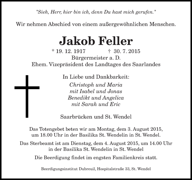  Traueranzeige für Jakob Feller vom 01.08.2015 aus saarbruecker_zeitung
