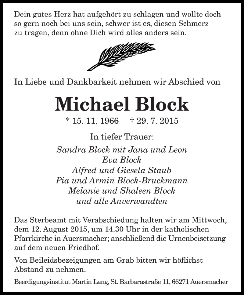  Traueranzeige für Michael Block vom 08.08.2015 aus saarbruecker_zeitung