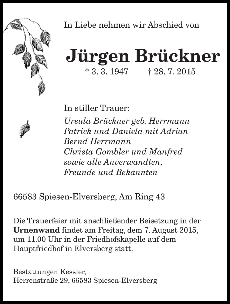  Traueranzeige für Jürgen Brückner vom 04.08.2015 aus saarbruecker_zeitung