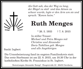 Traueranzeige von Ruth Menges von saarbruecker_zeitung