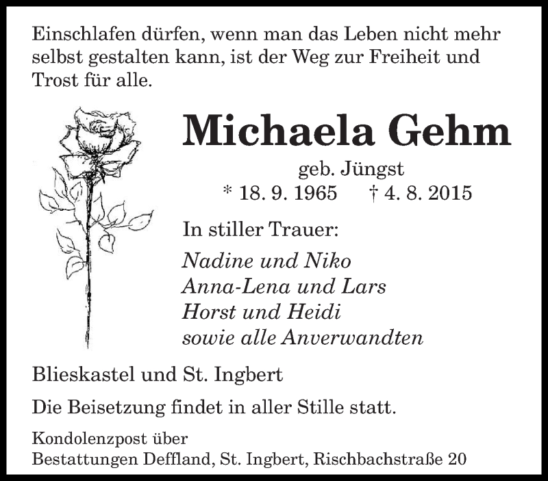 Traueranzeige für Michaela Gehm vom 08.08.2015 aus saarbruecker_zeitung