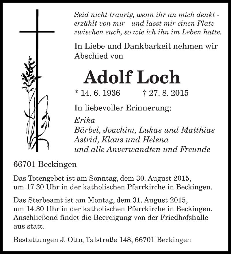  Traueranzeige für Adolf Loch vom 28.08.2015 aus saarbruecker_zeitung