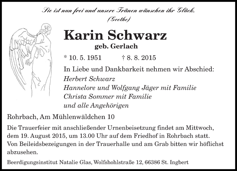  Traueranzeige für Karin Schwarz vom 14.08.2015 aus saarbruecker_zeitung