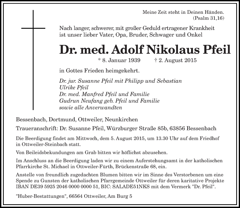  Traueranzeige für Adolf Nikolaus Pfeil vom 04.08.2015 aus saarbruecker_zeitung