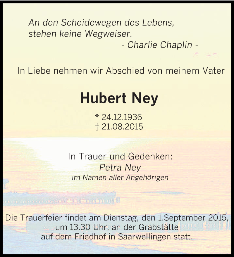  Traueranzeige für Hubert Ney vom 28.08.2015 aus saarbruecker_zeitung