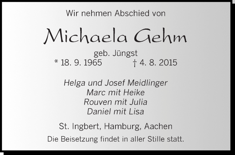  Traueranzeige für Michaela Gehm vom 14.08.2015 aus saarbruecker_zeitung