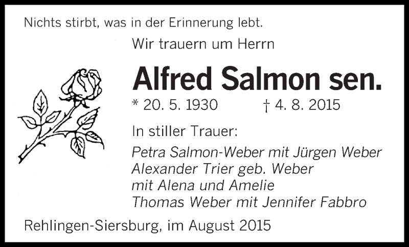 Traueranzeigen Von Alfred Salmon Saarbruecker Zeitung Trauer De