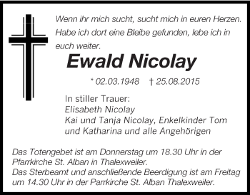 Traueranzeige von Ewald Nicolay von saarbruecker_zeitung