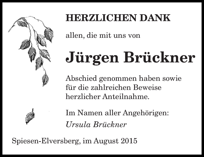  Traueranzeige für Jürgen Brückner vom 14.08.2015 aus saarbruecker_zeitung