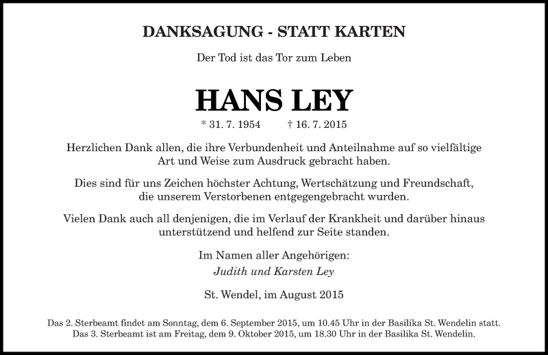  Traueranzeige für Hans Ley vom 29.08.2015 aus saarbruecker_zeitung