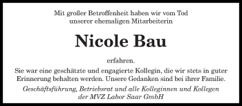 Traueranzeige von Nicole Bau von saarbruecker_zeitung