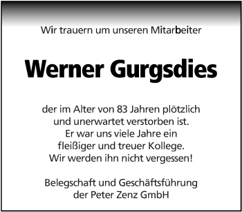 Traueranzeige von Werner Gurgsdies von saarbruecker_zeitung