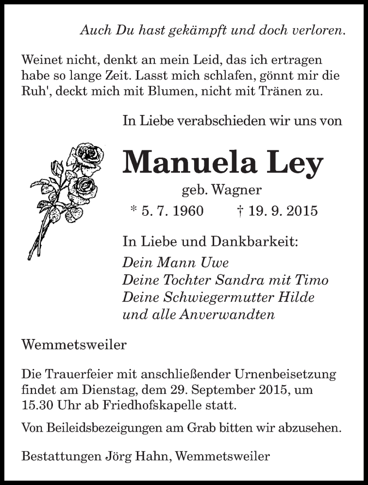  Traueranzeige für Manuela Ley vom 26.09.2015 aus saarbruecker_zeitung