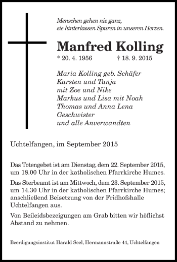 Traueranzeige von Manfred Kolling von saarbruecker_zeitung