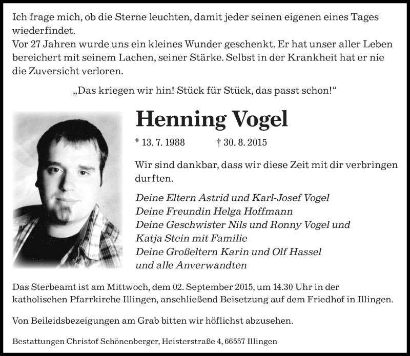  Traueranzeige für Henning Vogel vom 02.09.2015 aus saarbruecker_zeitung