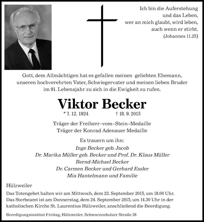  Traueranzeige für Viktor Becker vom 21.09.2015 aus saarbruecker_zeitung