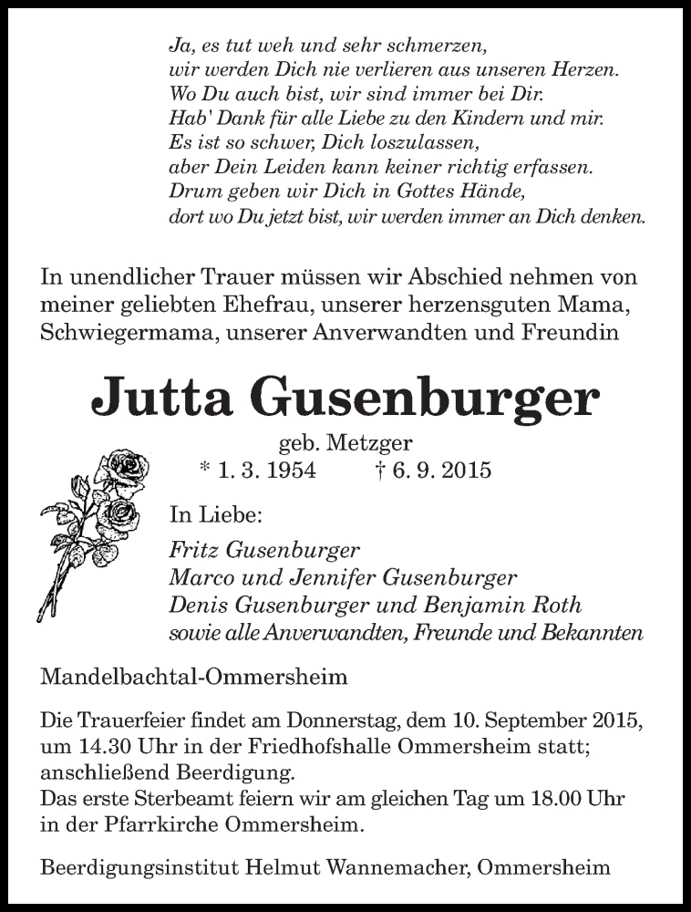  Traueranzeige für Jutta Gusenburger vom 08.09.2015 aus saarbruecker_zeitung