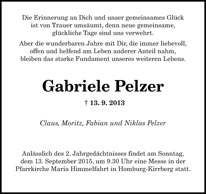  Traueranzeige für Gabriele Pelzer vom 12.09.2015 aus saarbruecker_zeitung