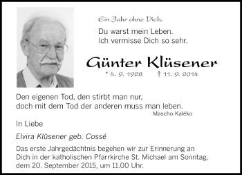 Traueranzeige von Günter Klüsener von saarbruecker_zeitung