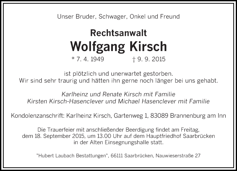  Traueranzeige für Wolfgang Kirsch vom 14.09.2015 aus saarbruecker_zeitung