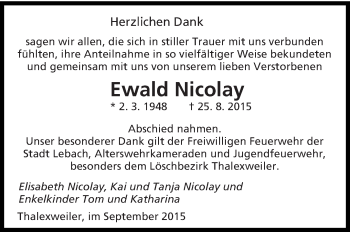 Traueranzeige von Ewald Nicolay von saarbruecker_zeitung