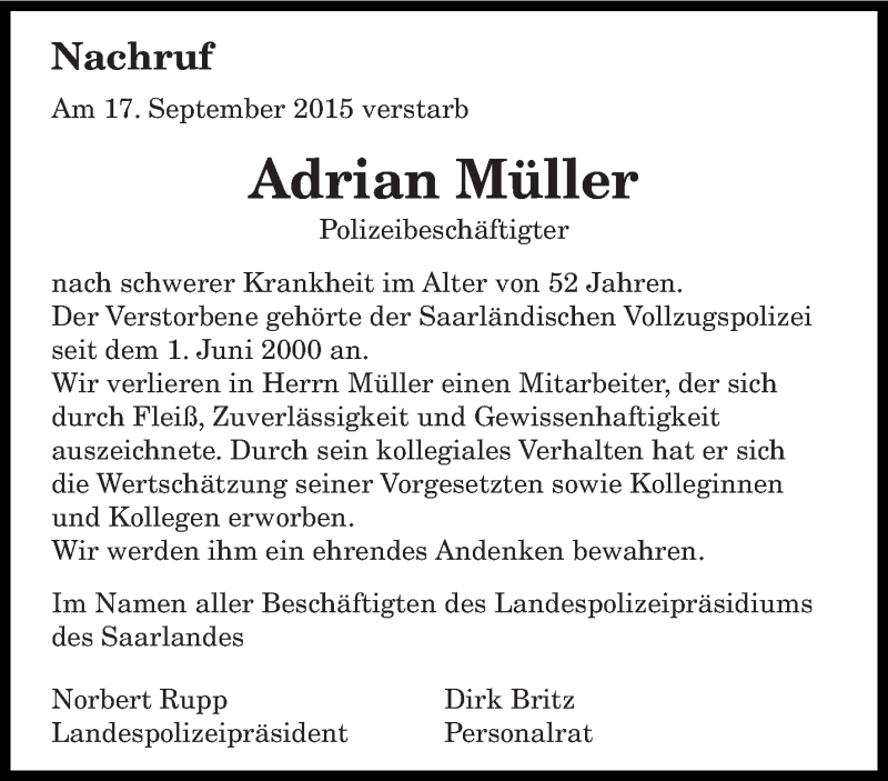  Traueranzeige für Adrian Müller vom 23.09.2015 aus saarbruecker_zeitung