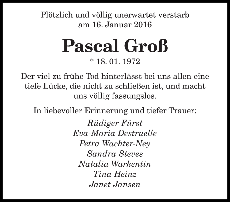  Traueranzeige für Pascal Groß vom 19.01.2016 aus saarbruecker_zeitung