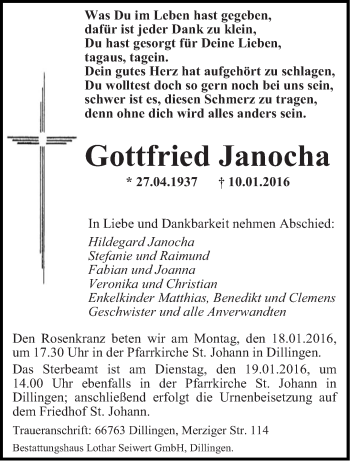 Traueranzeige von Gottfried Janocha von saarbruecker_zeitung