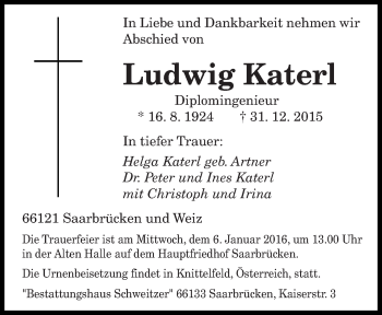 Traueranzeige von Ludwig Katerl von saarbruecker_zeitung