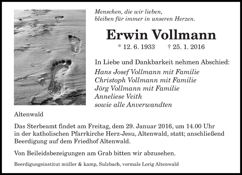  Traueranzeige für Erwin Vollmann vom 27.01.2016 aus saarbruecker_zeitung