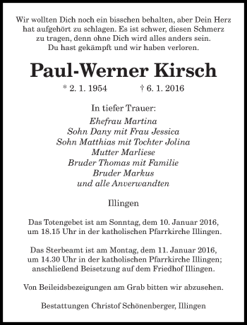 Traueranzeige von Paul-Werner Kirsch von saarbruecker_zeitung