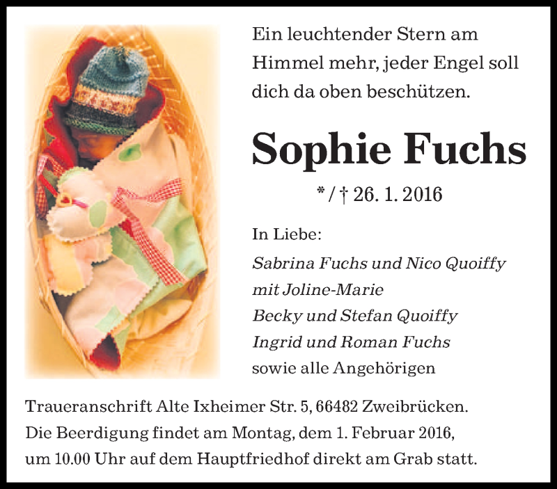  Traueranzeige für Sophie Fuchs vom 29.01.2016 aus saarbruecker_zeitung