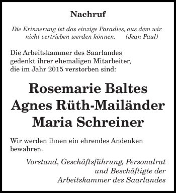 Traueranzeige von Die Arbeitskammer des Saarlandes gedenkt von saarbruecker_zeitung