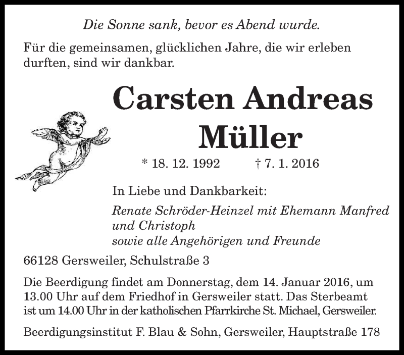  Traueranzeige für Carsten Andreas Müller vom 12.01.2016 aus saarbruecker_zeitung