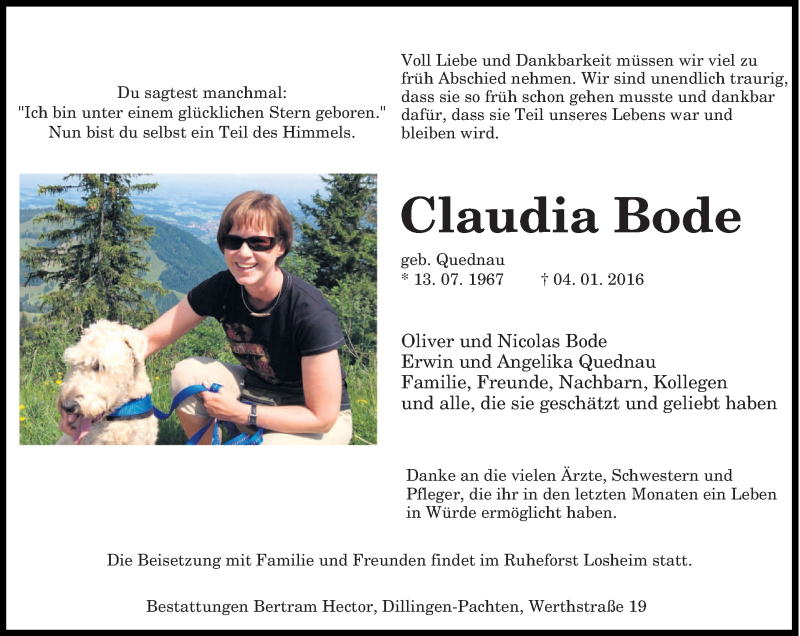  Traueranzeige für Claudia Bode vom 09.01.2016 aus saarbruecker_zeitung