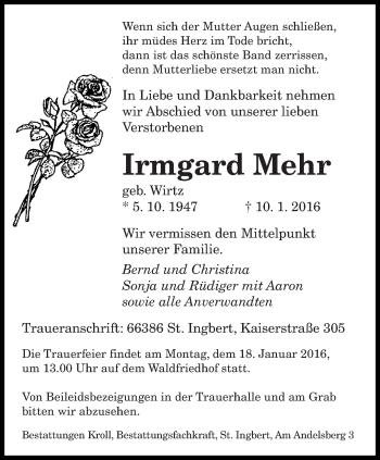 Traueranzeige von Irmgard Mehr von saarbruecker_zeitung