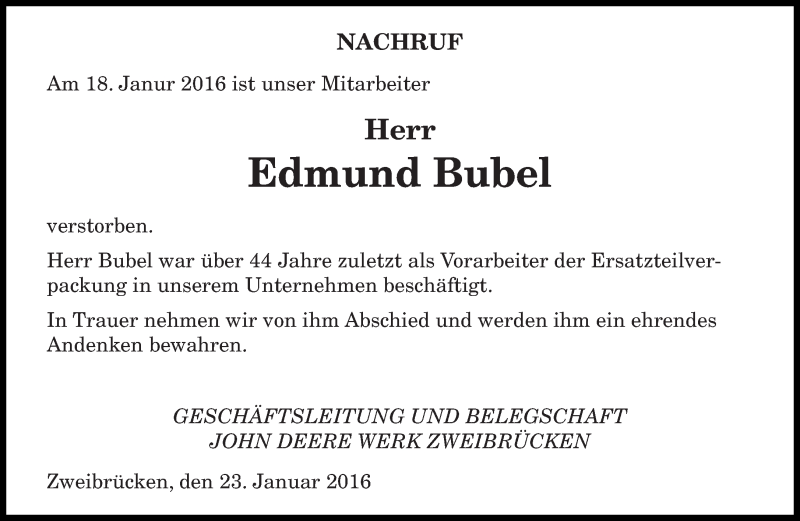 Traueranzeigen Von Edmund Bubel Saarbruecker Zeitung Trauer De