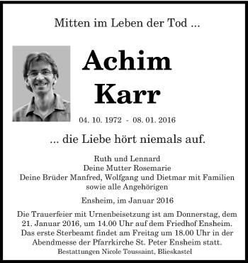 Traueranzeige von Achim Karr von saarbruecker_zeitung