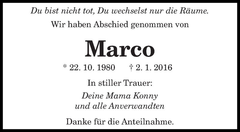  Traueranzeige für Marco  vom 23.01.2016 aus saarbruecker_zeitung