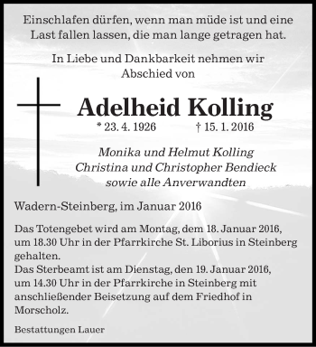 Traueranzeige von Adelheid Kolling von saarbruecker_zeitung