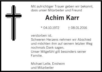 Traueranzeige von Achim Karr von saarbruecker_zeitung