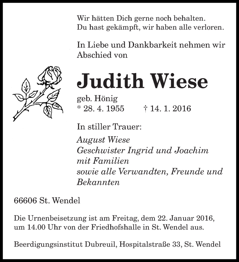  Traueranzeige für Judith Wiese vom 18.01.2016 aus saarbruecker_zeitung