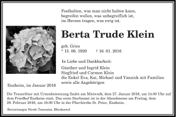 Traueranzeige von Berta Trude Klein von saarbruecker_zeitung