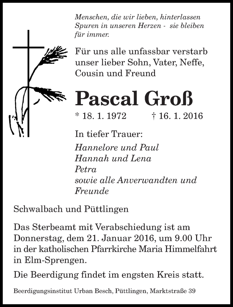  Traueranzeige für Pascal Groß vom 19.01.2016 aus saarbruecker_zeitung