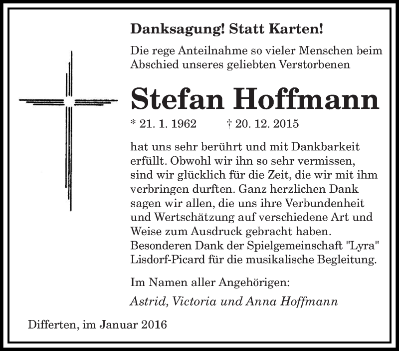  Traueranzeige für Stefan Hoffmann vom 06.01.2016 aus saarbruecker_zeitung