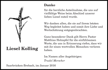 Traueranzeige von Liesel Kolling von saarbruecker_zeitung