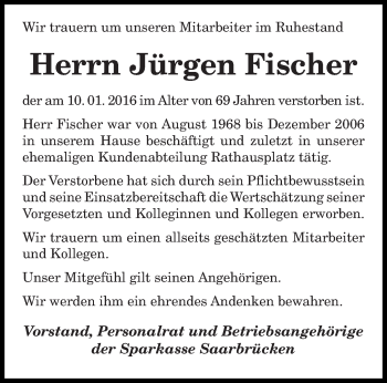 Traueranzeige von Jürgen Fischer von saarbruecker_zeitung