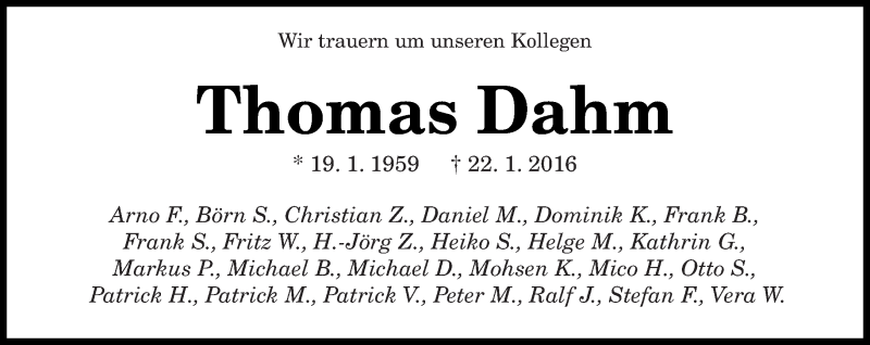 Traueranzeige für Thomas Dahm vom 27.01.2016 aus saarbruecker_zeitung