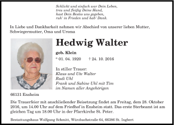 Traueranzeige von Hedwig Walter von saarbruecker_zeitung