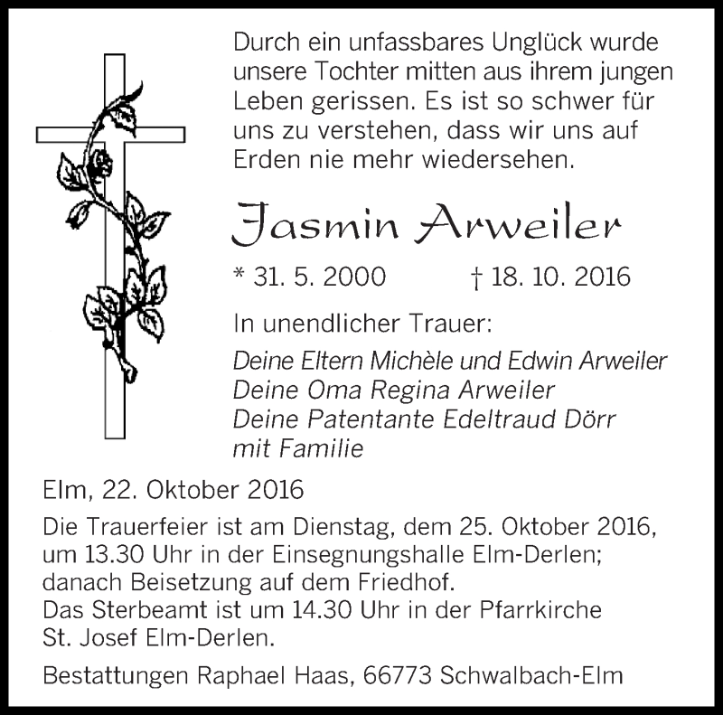  Traueranzeige für Jasmin Arweiler vom 22.10.2016 aus saarbruecker_zeitung